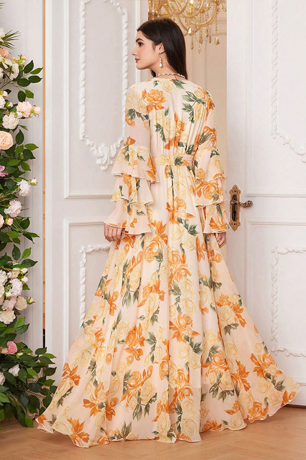 Gul Floral Chiffon A-linje V-hals Langermet Lang Ballkjole