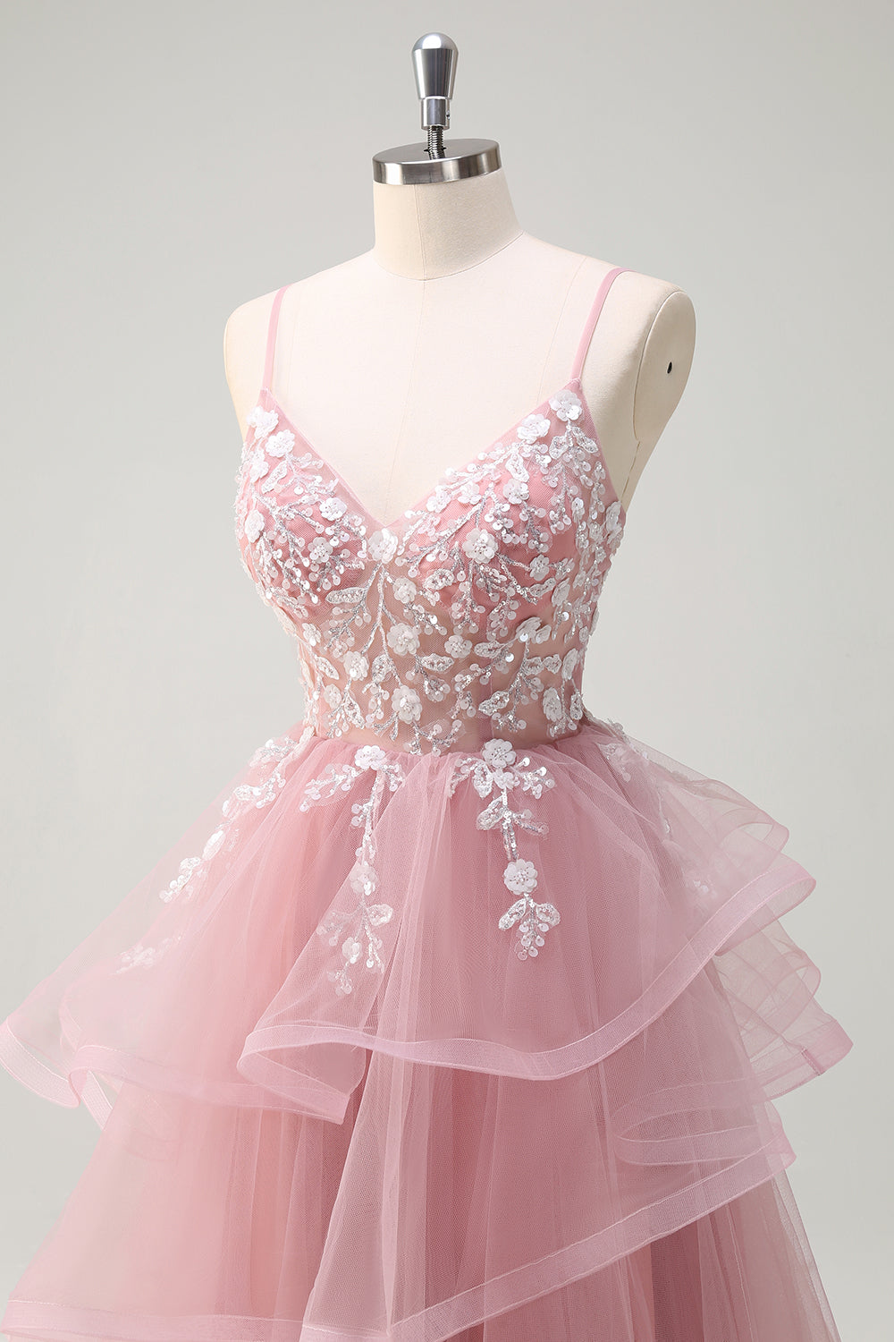 Grå Rosa A-linje Spiral Ruffle Lagdelt Lang Korsett Ballkjole med Appliques