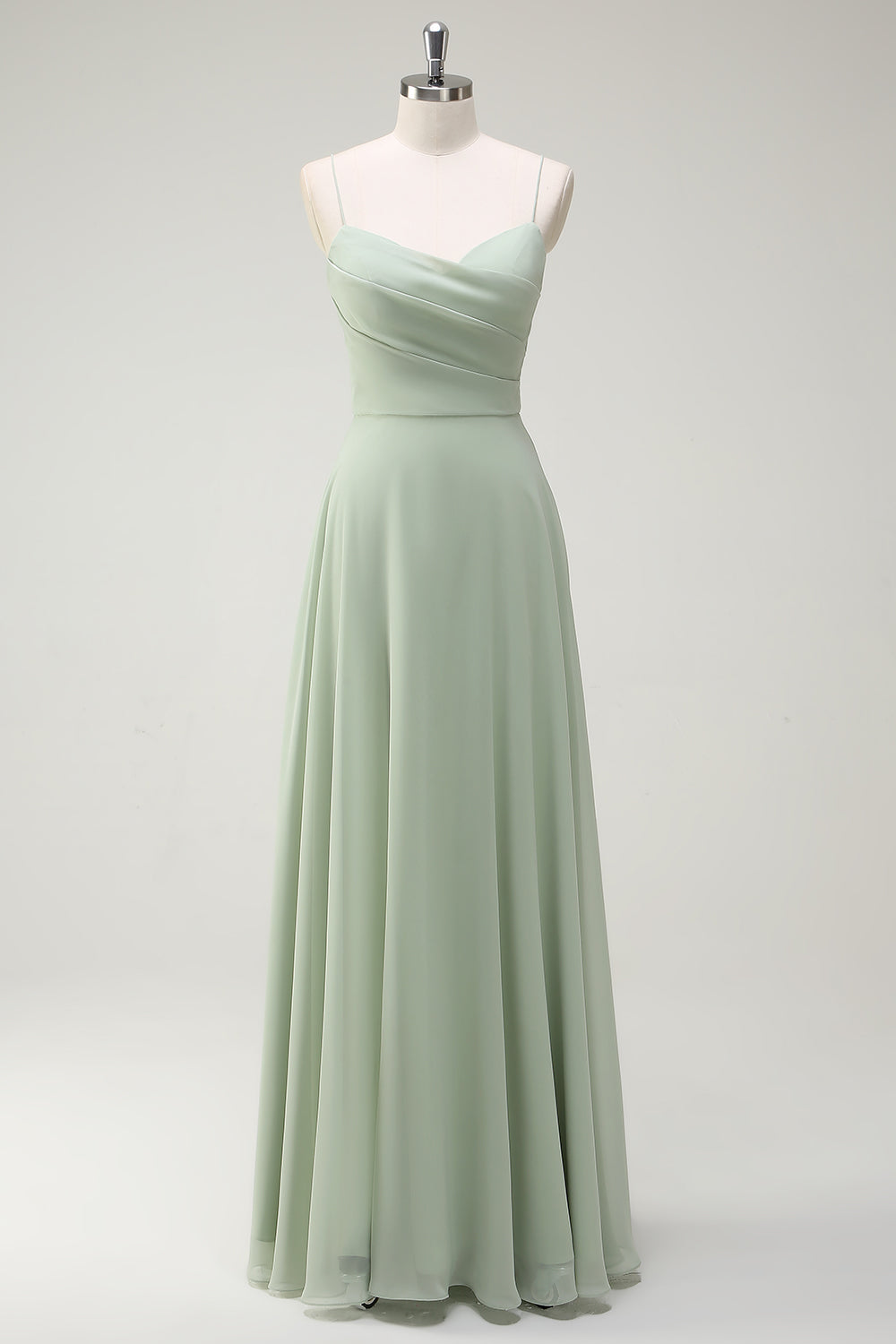 Dusty Sage A Line Chiffon Spaghetti Stropper Lang Brudepike Kjole