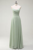 Dusty Sage A Line Chiffon Spaghetti Stropper Lang Brudepike Kjole