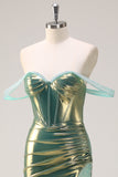 Grønn Off the Shoulder Havfrue Metallic Lang Korsett Ballkjole med Splitt