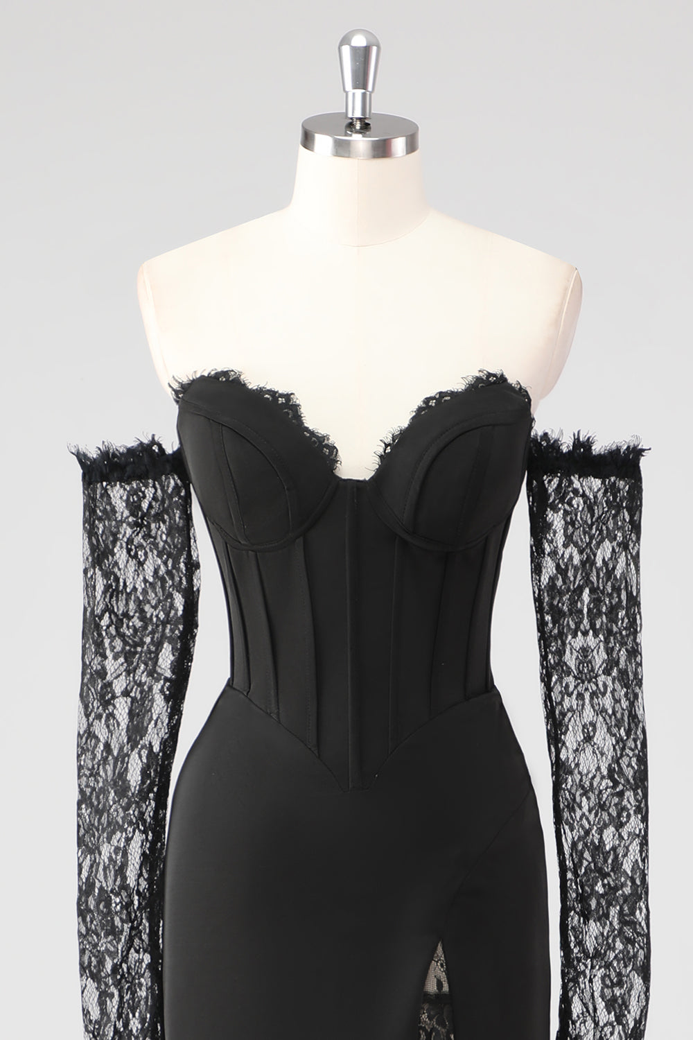 Svart Sheath Korsett Cold Shoulder Lace Formell Kjole Med Lange Ermer