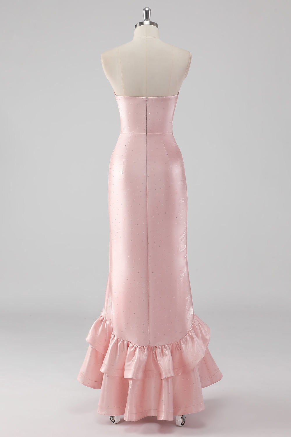 Rosa volangslire stroppeløs sateng lang formell kjole med splitt