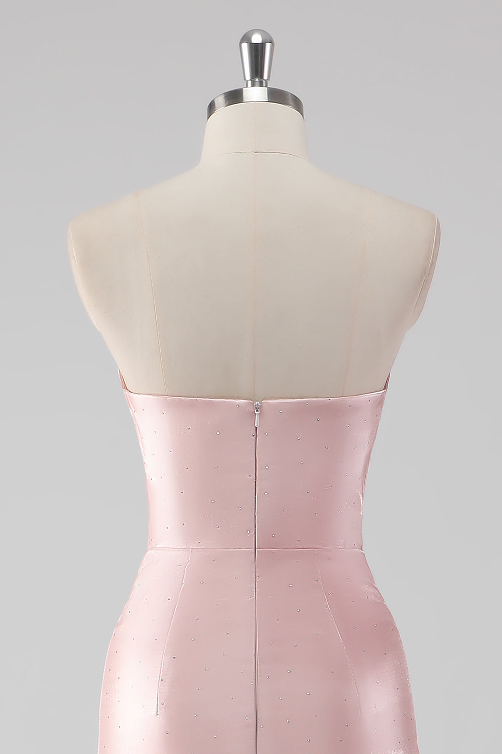 Rosa volangslire stroppeløs sateng lang formell kjole med splitt