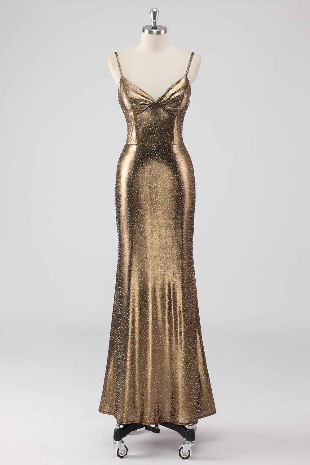 Gylden Havfrue Spaghetti Stropper Beaded Lang Formell Kjole