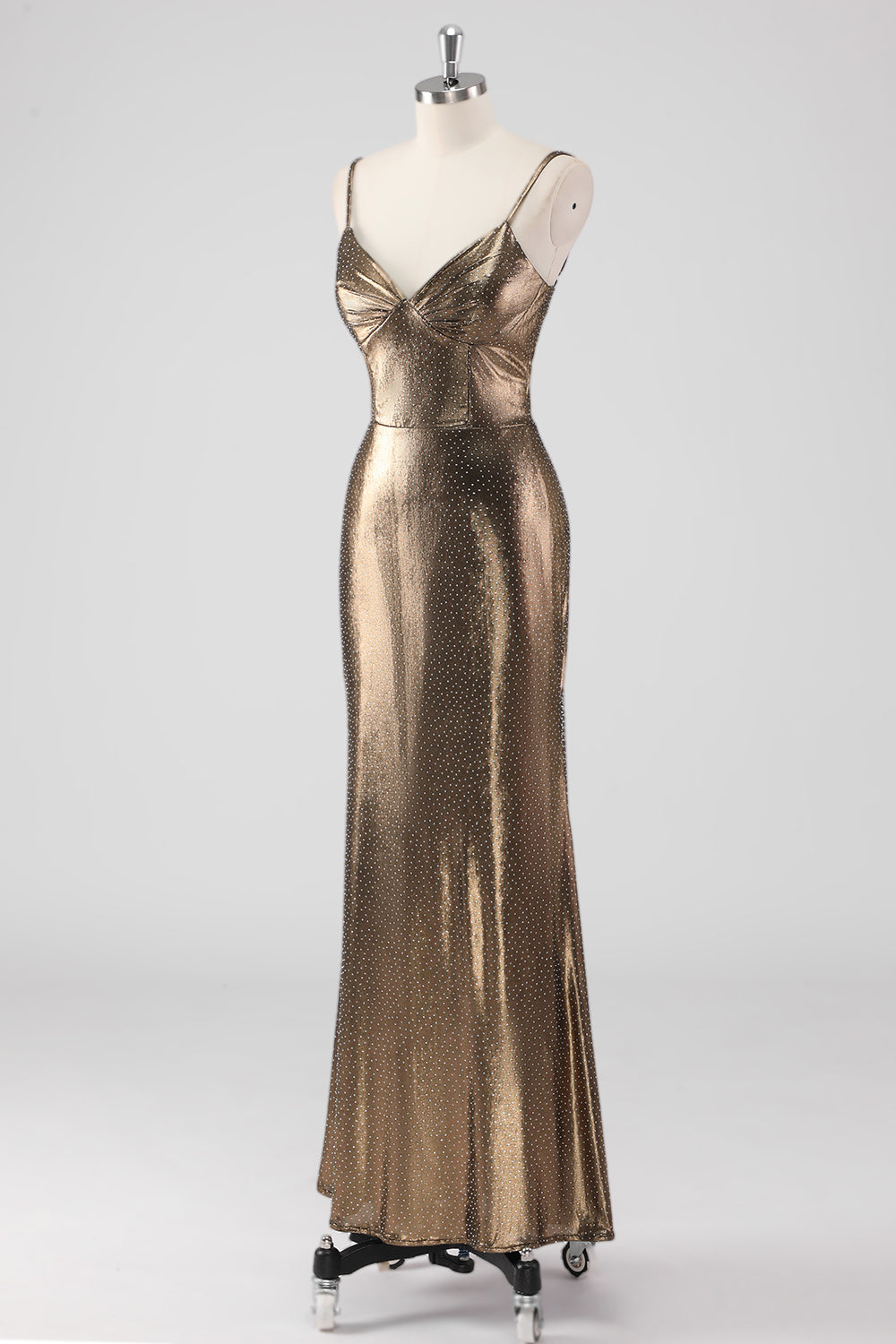 Gylden Havfrue Spaghetti Stropper Beaded Lang Formell Kjole