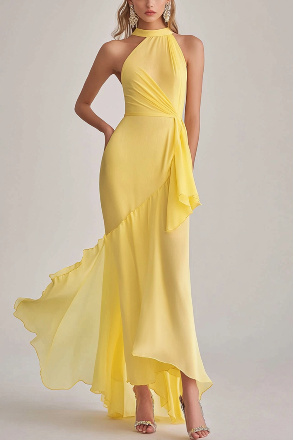 Lys Gul Halterneck Havfrue Chiffon Lang Brudegjest Kjole