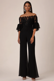 Svarte Off the Shoulder Halvermer Chiffon lange jumpsuits