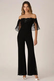Black Off the Shoulder Chiffon formelle jumpsuits med applikasjoner