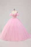 Prinsesse Rosa Ballkjole Off the Shoulder Beading Tyll Quinceanera Kjole
