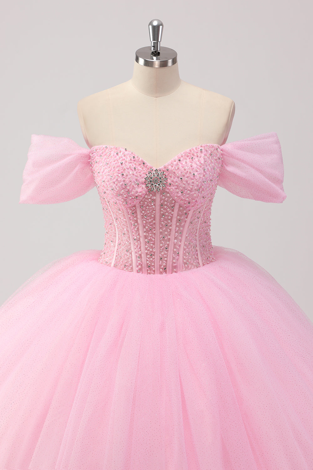 Prinsesse Rosa Ballkjole Off the Shoulder Beading Tyll Quinceanera Kjole
