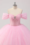 Prinsesse Rosa Ballkjole Off the Shoulder Beading Tyll Quinceanera Kjole