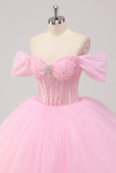 Prinsesse Rosa Ballkjole Off the Shoulder Beading Tyll Quinceanera Kjole