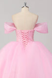 Prinsesse Rosa Ballkjole Off the Shoulder Beading Tyll Quinceanera Kjole