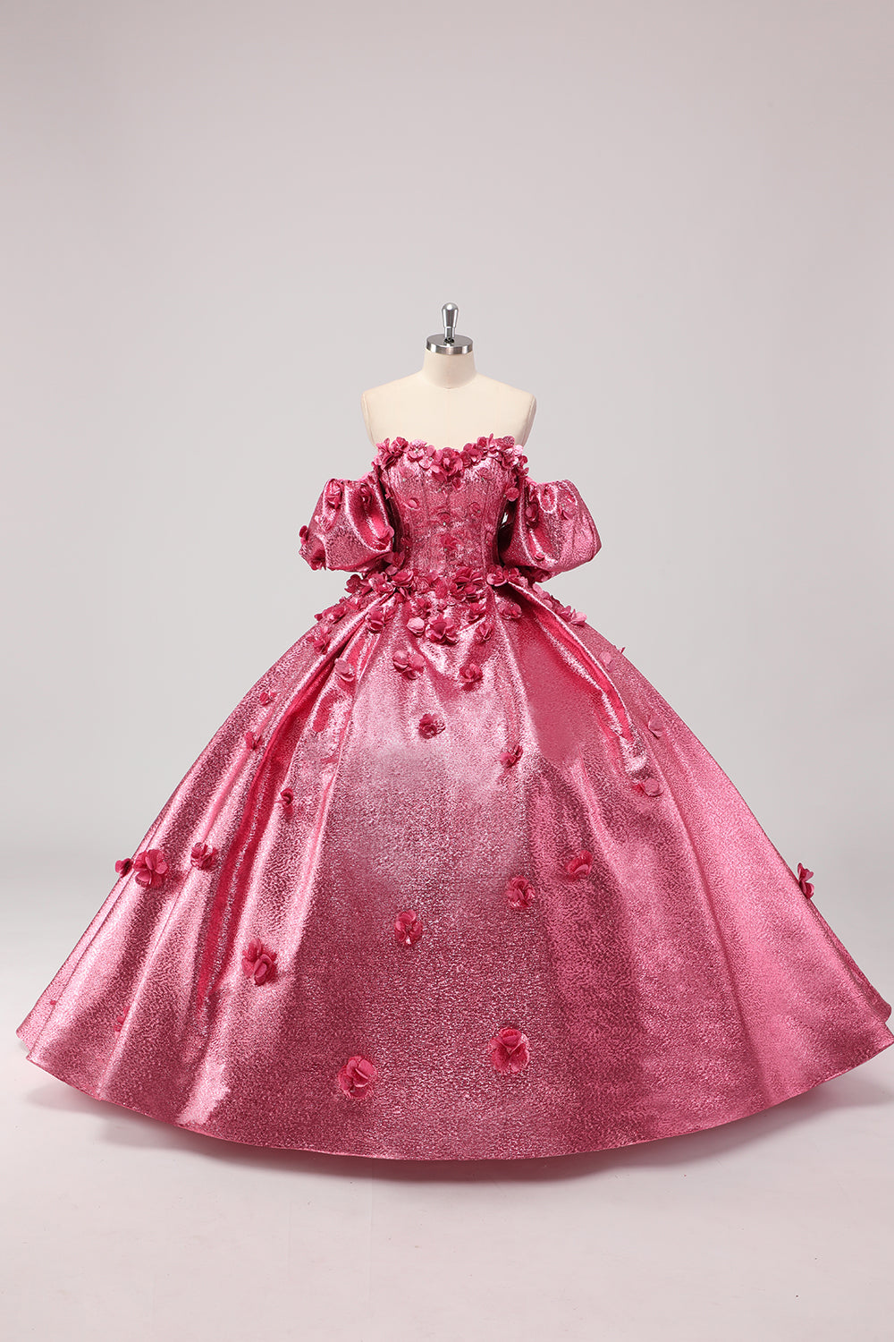 Prinsesse Fuchsia ballkjole fra skulderen puffermer Quinceanera kjole med 3D-blomster