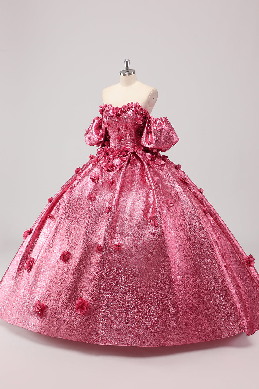 Prinsesse Fuchsia ballkjole fra skulderen puffermer Quinceanera kjole med 3D-blomster