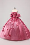 Prinsesse Fuchsia ballkjole fra skulderen puffermer Quinceanera kjole med 3D-blomster