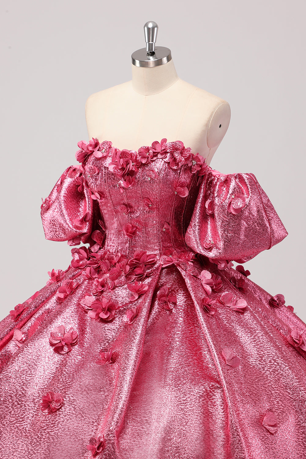 Prinsesse Fuchsia ballkjole fra skulderen puffermer Quinceanera kjole med 3D-blomster