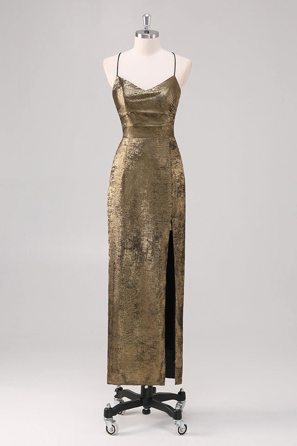 Svart Golden Spaghetti Stropper Slire Formell Kjole med Splitt