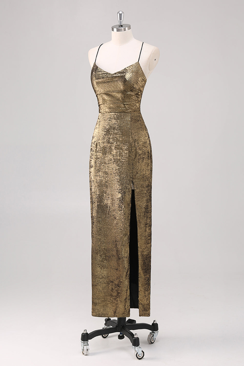 Svart Golden Spaghetti Stropper Slire Formell Kjole med Splitt