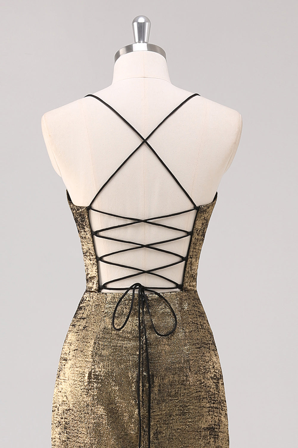 Svart Golden Spaghetti Stropper Slire Formell Kjole med Splitt