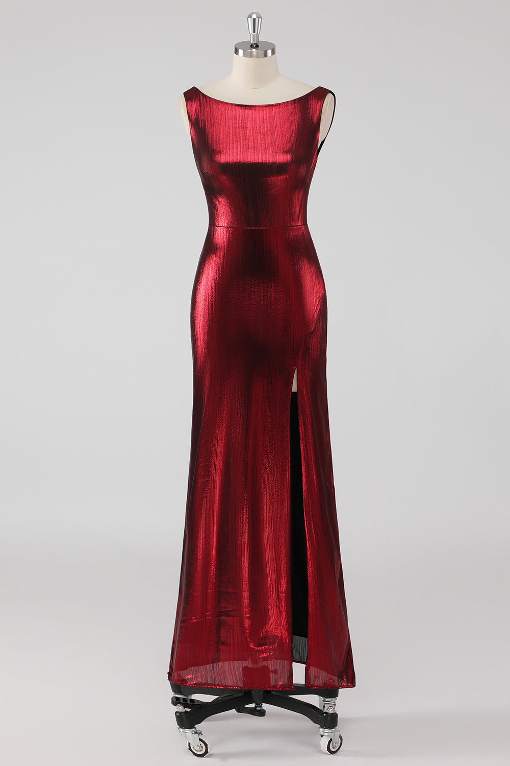 Burgundy Satin Round Neck Sheath Formal Dress with Slit