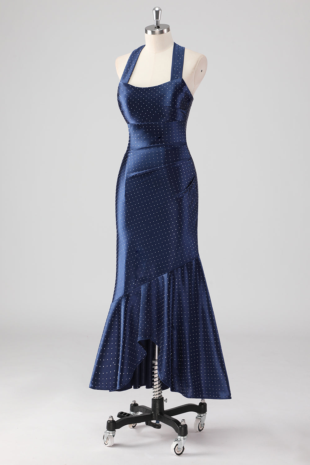 Navy Halter Beaded Havfrue Ruffles Lang Formell Kjole