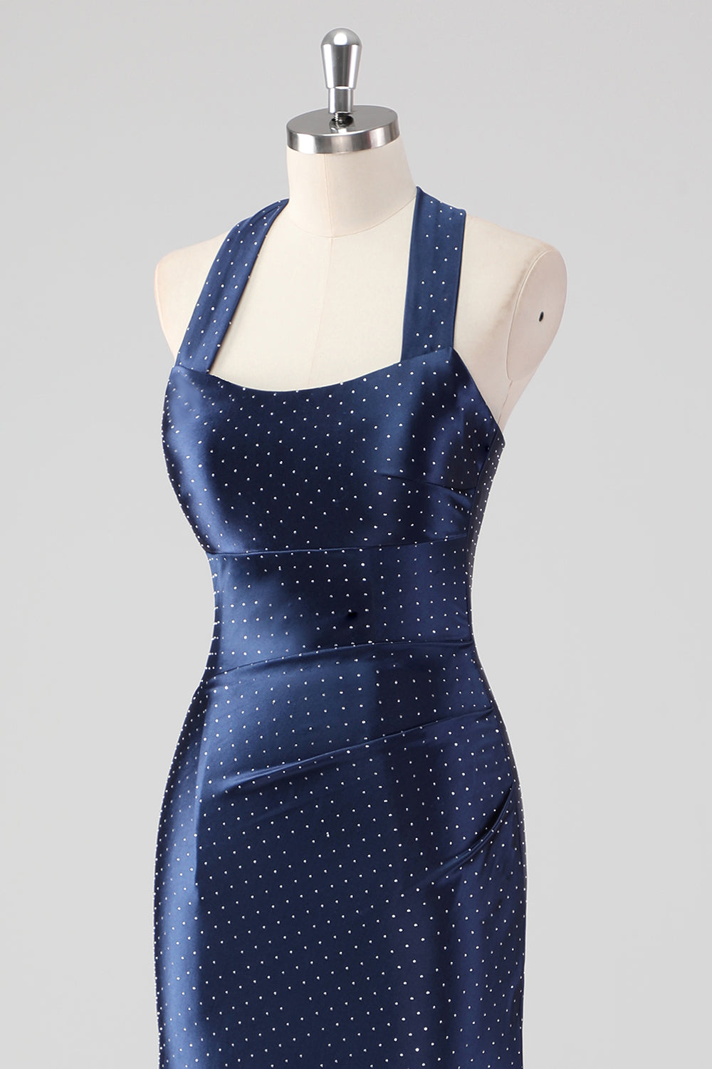 Navy Halter Beaded Havfrue Ruffles Lang Formell Kjole