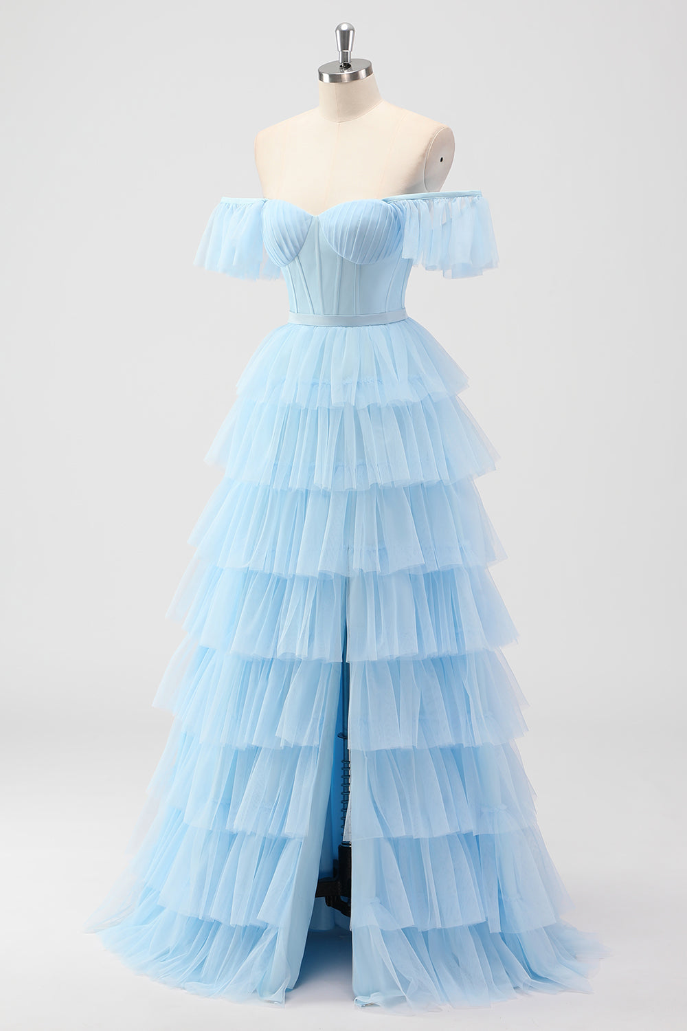 Himmelblå Off The Shoulder Lagdelt korsett A Line Brudepikekjole
