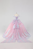 Prinsesse Blush Rosa Off the Shoulder Sequined Rhinestones Tyll Quinceanera Kjole med Sløyfe
