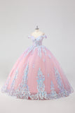 Prinsesse Blush Rosa Off the Shoulder Sequined Rhinestones Tyll Quinceanera Kjole med Sløyfe