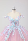 Prinsesse Blush Rosa Off the Shoulder Sequined Rhinestones Tyll Quinceanera Kjole med Sløyfe