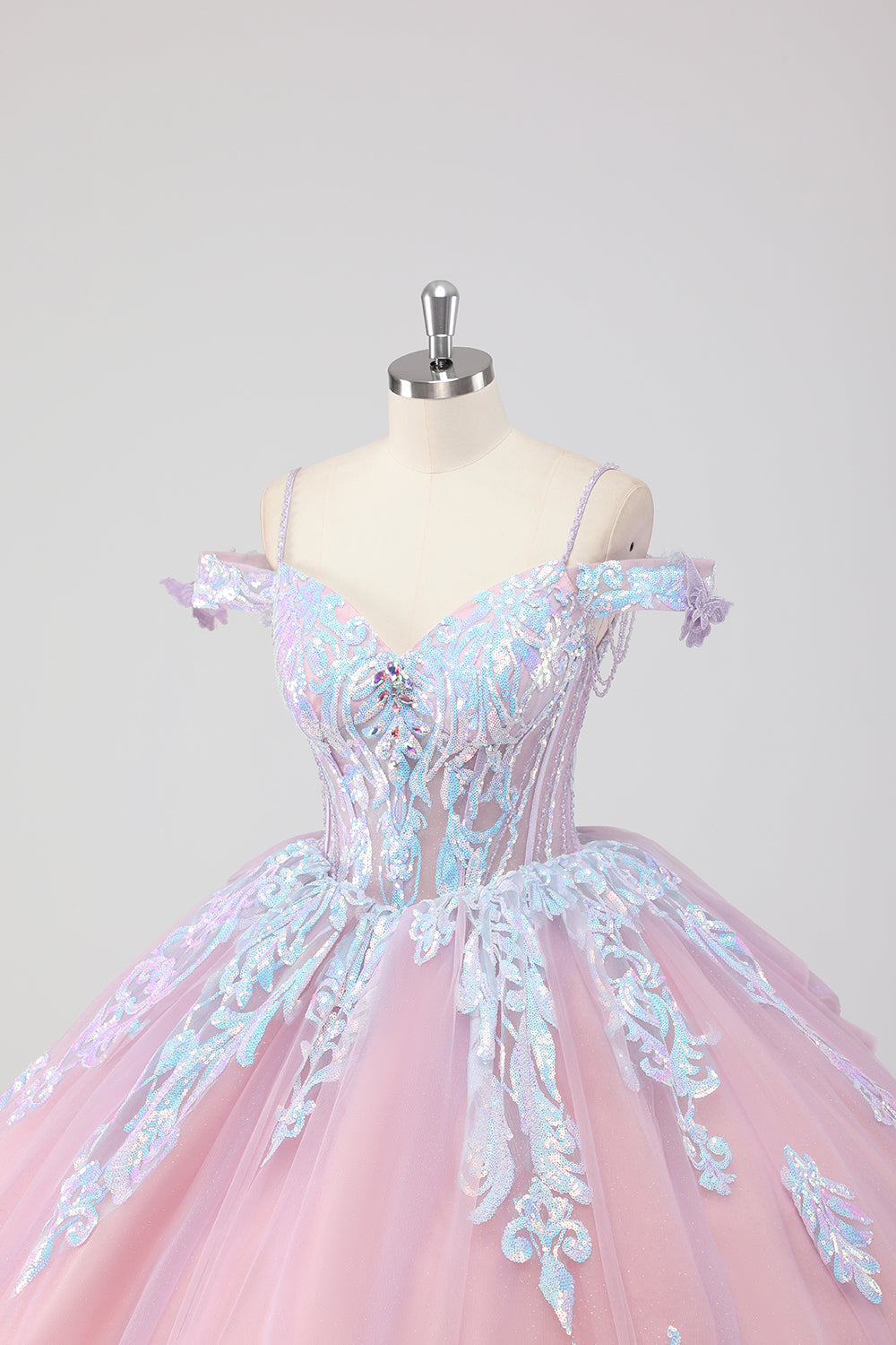 Prinsesse Blush Rosa Off the Shoulder Sequined Rhinestones Tyll Quinceanera Kjole med Sløyfe