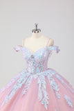 Prinsesse Blush Rosa Off the Shoulder Sequined Rhinestones Tyll Quinceanera Kjole med Sløyfe