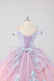 Prinsesse Blush Rosa Off the Shoulder Sequined Rhinestones Tyll Quinceanera Kjole med Sløyfe