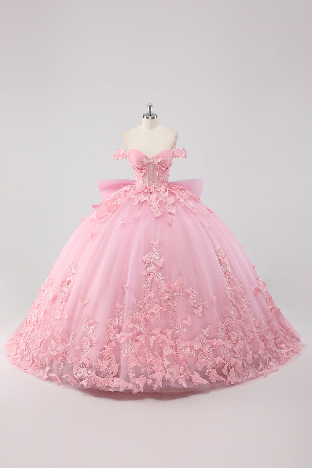 Prinsesse Blush Rosa Ballkjole Off the Shoulder Beaded Butterfly Tyll Quinceanera Kjole med Sløyfe