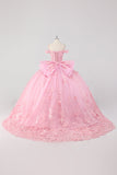 Prinsesse Blush Rosa Ballkjole Off the Shoulder Beaded Butterfly Tyll Quinceanera Kjole med Sløyfe