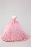 Prinsesse Blush Rosa Ballkjole Off the Shoulder Beaded Butterfly Tyll Quinceanera Kjole med Sløyfe
