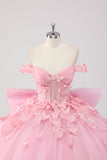 Prinsesse Blush Rosa Ballkjole Off the Shoulder Beaded Butterfly Tyll Quinceanera Kjole med Sløyfe