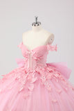 Prinsesse Blush Rosa Ballkjole Off the Shoulder Beaded Butterfly Tyll Quinceanera Kjole med Sløyfe