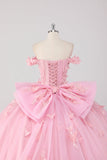 Prinsesse Blush Rosa Ballkjole Off the Shoulder Beaded Butterfly Tyll Quinceanera Kjole med Sløyfe