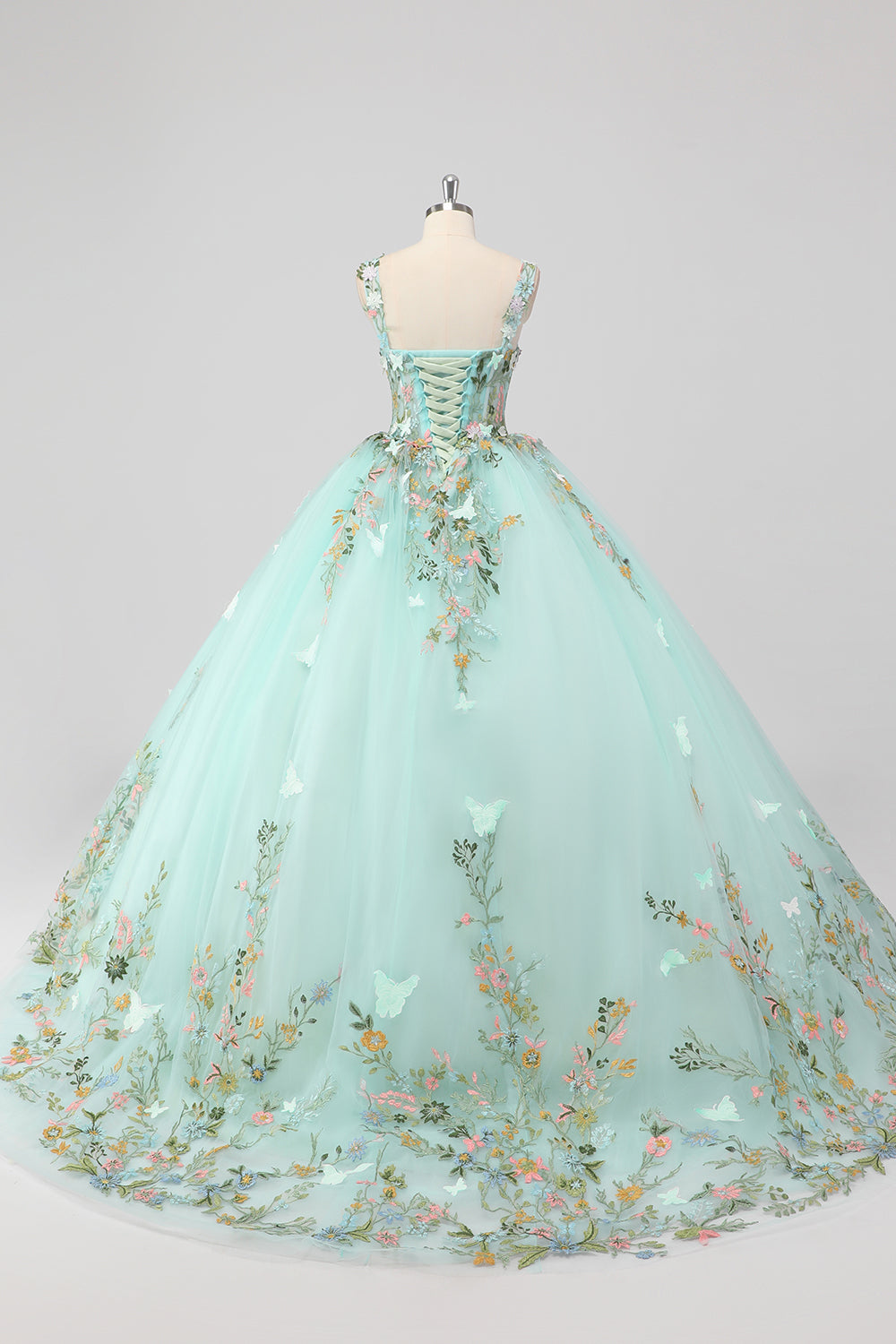 Prinsesse Mint Ball Kjole Spaghetti Stropper Tyll Quinceanera Kjole Med Blomst Appliques