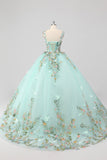 Prinsesse Mint Ball Kjole Spaghetti Stropper Tyll Quinceanera Kjole Med Blomst Appliques
