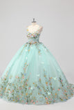 Prinsesse Mint Ball Kjole Spaghetti Stropper Tyll Quinceanera Kjole Med Blomst Appliques