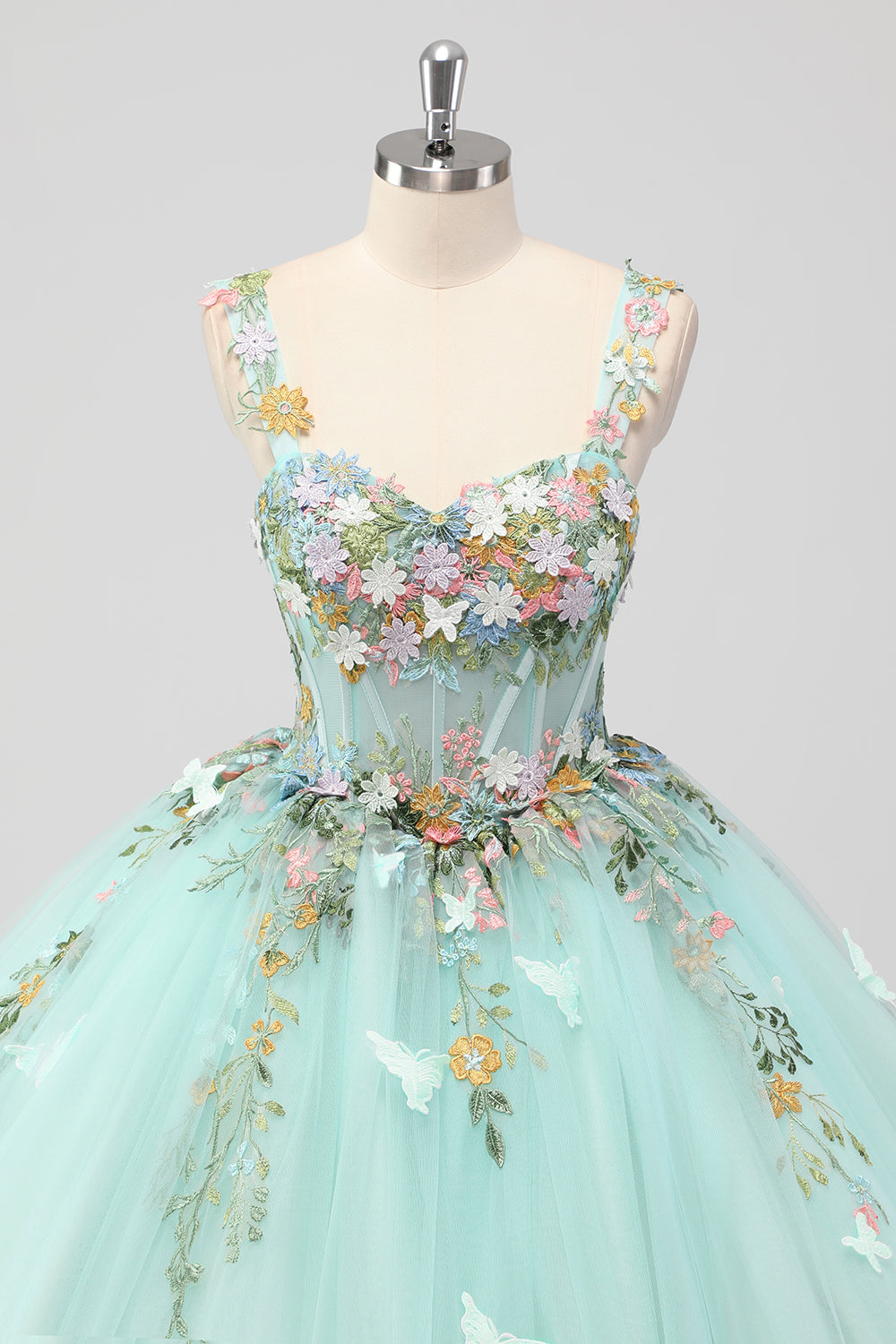 Prinsesse Mint Ball Kjole Spaghetti Stropper Tyll Quinceanera Kjole Med Blomst Appliques