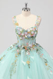 Prinsesse Mint Ball Kjole Spaghetti Stropper Tyll Quinceanera Kjole Med Blomst Appliques