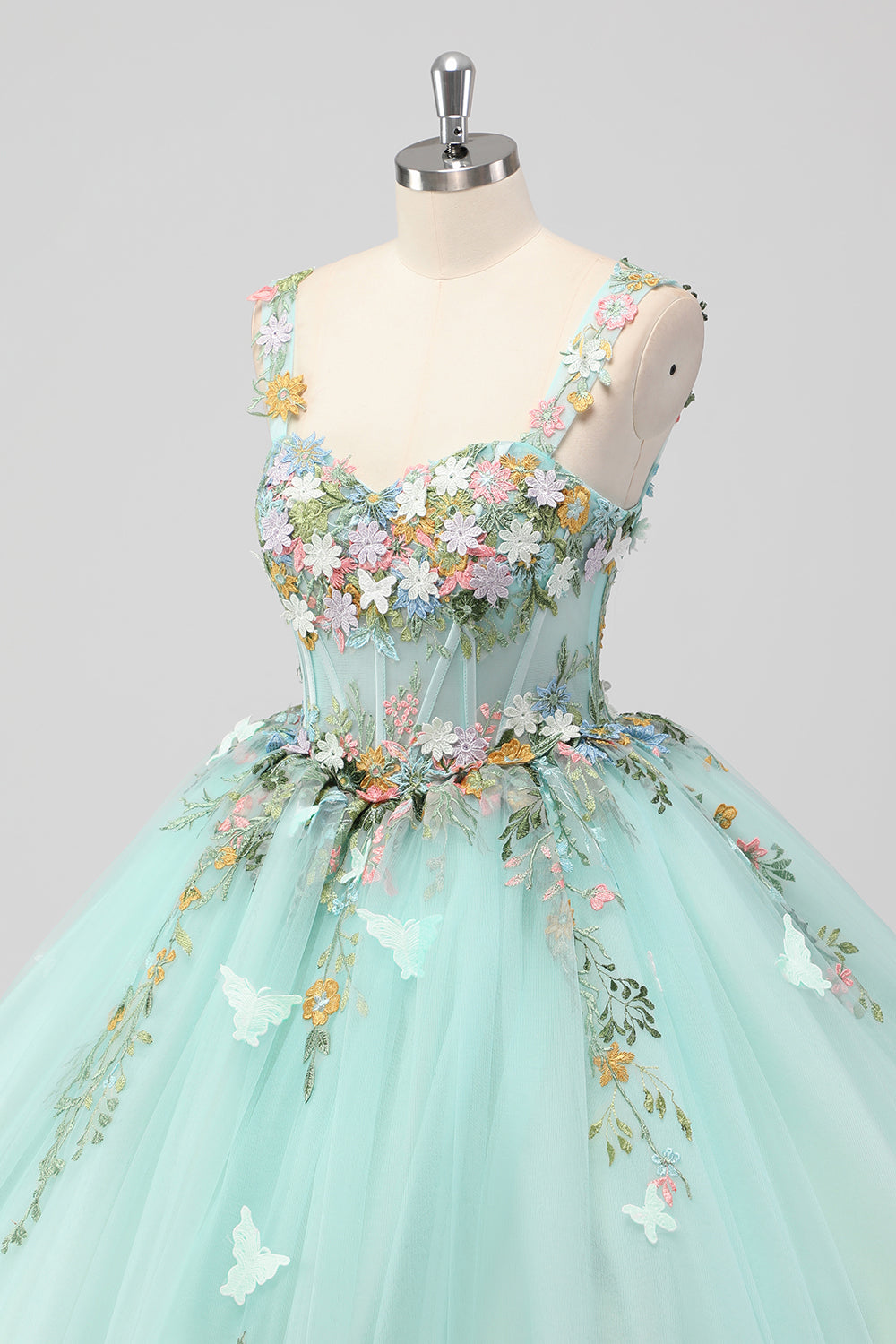 Prinsesse Mint Ball Kjole Spaghetti Stropper Tyll Quinceanera Kjole Med Blomst Appliques