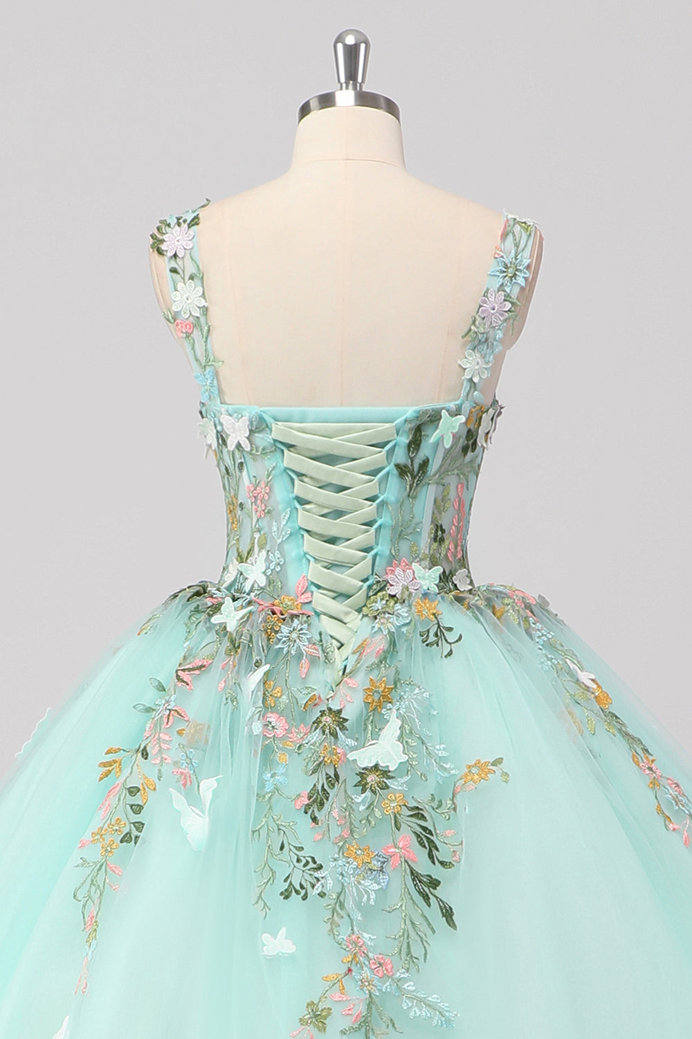Prinsesse Mint Ball Kjole Spaghetti Stropper Tyll Quinceanera Kjole Med Blomst Appliques