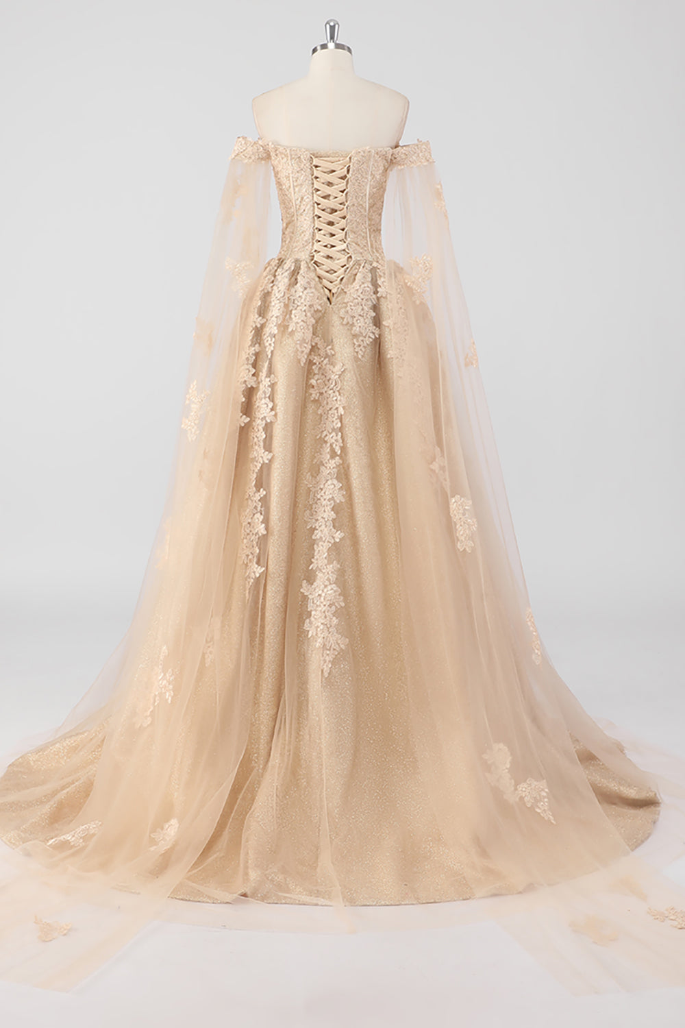 Prinsesse Champagne Off the Shoulder Cape Ermer Tyll Quinceanera Kjole med applikasjoner