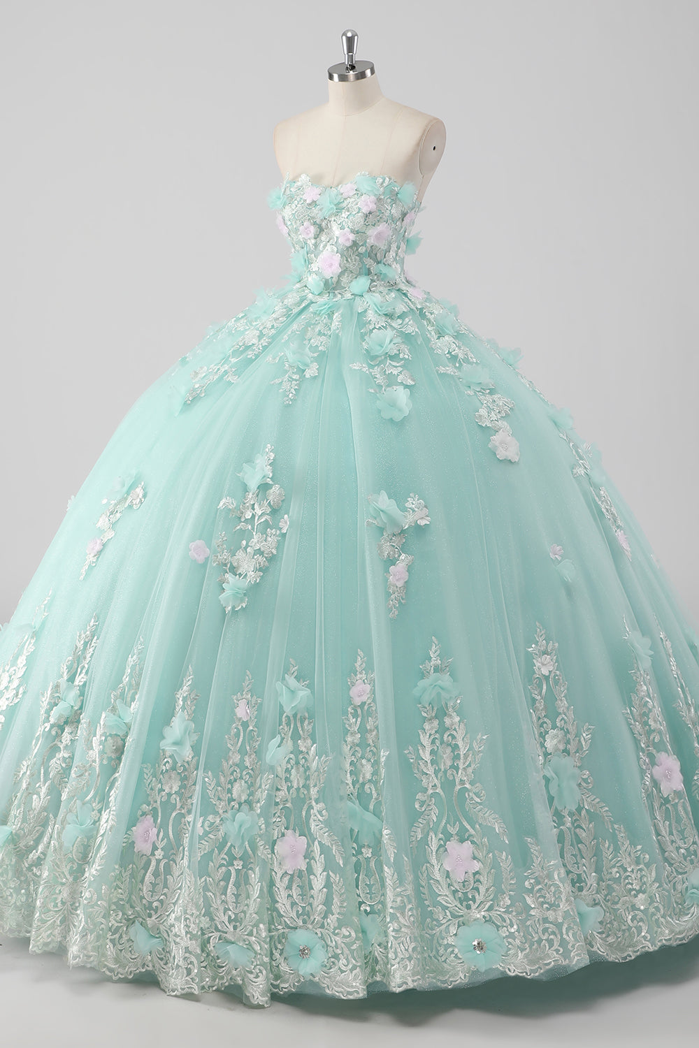 Prinsesse Mint Ballkjole Stroppeløs Tyll Quinceanera Kjole med 3D Blomster